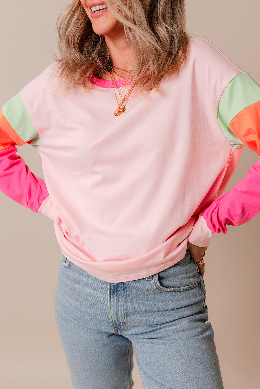 Bella Love Boutique California LLC Tops/Long Sleeve Tops Light Blue Colorblock Patchwork Long Sleeve Loose Top