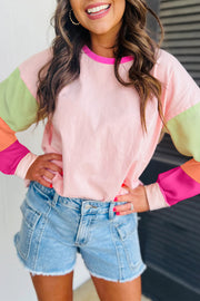 Bella Love Boutique California LLC Tops/Long Sleeve Tops Light Blue Colorblock Patchwork Long Sleeve Loose Top