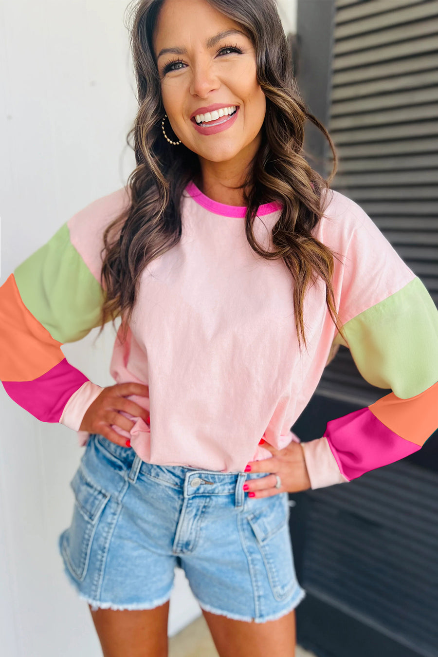 Bella Love Boutique California LLC Tops/Long Sleeve Tops Light Blue Colorblock Patchwork Long Sleeve Loose Top