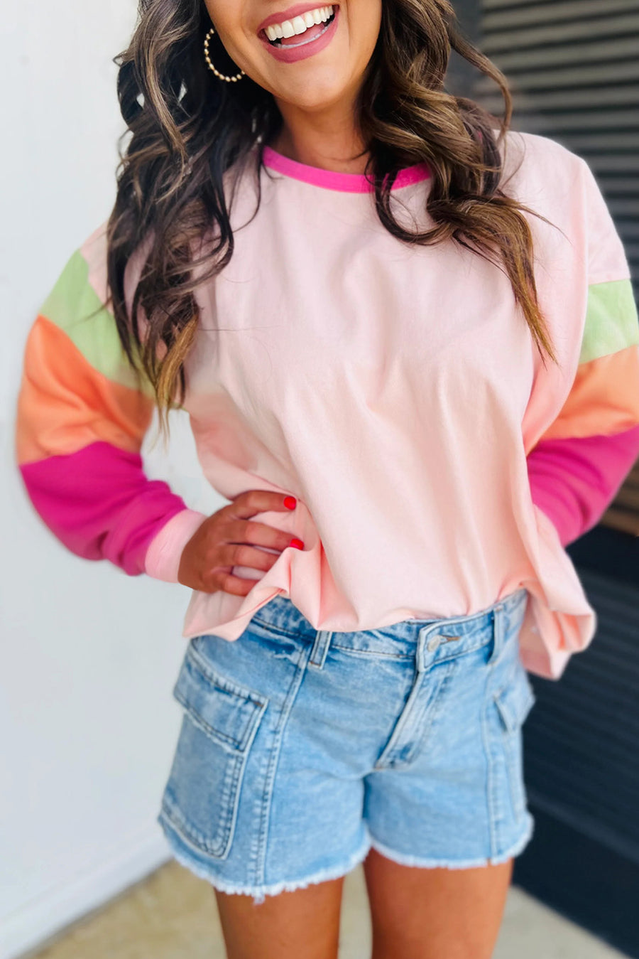 Bella Love Boutique California LLC Tops/Long Sleeve Tops Light Blue Colorblock Patchwork Long Sleeve Loose Top