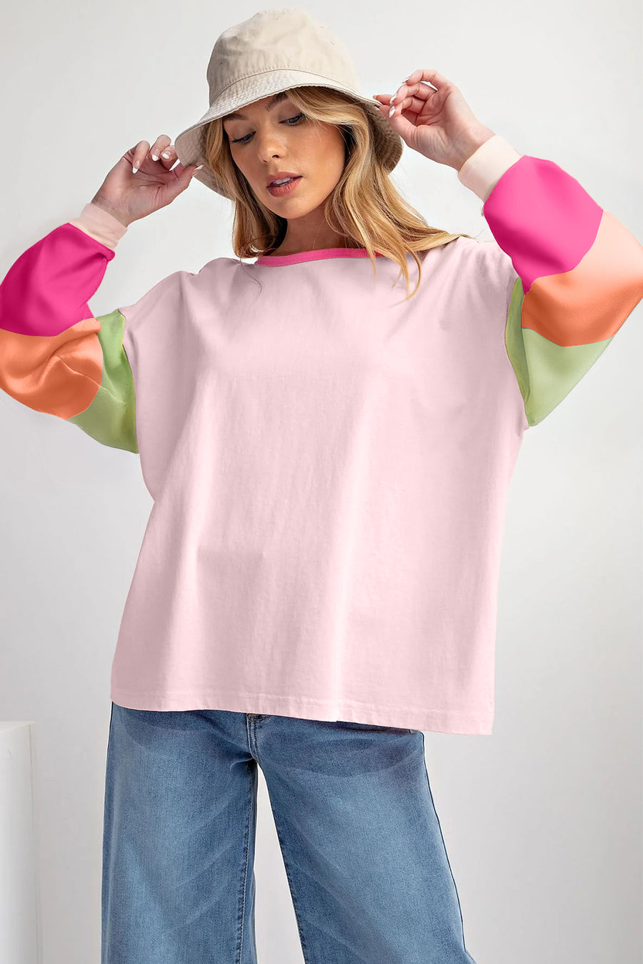 Bella Love Boutique California LLC Tops/Long Sleeve Tops Light Blue Colorblock Patchwork Long Sleeve Loose Top