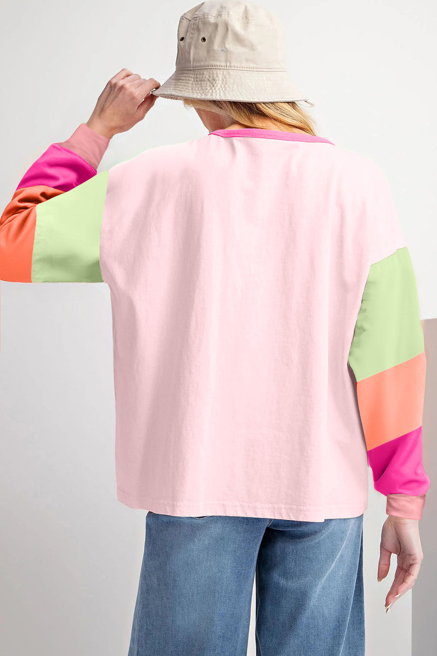 Bella Love Boutique California LLC Tops/Long Sleeve Tops Light Blue Colorblock Patchwork Long Sleeve Loose Top