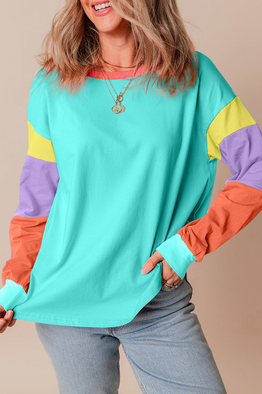 Bella Love Boutique California LLC Tops/Long Sleeve Tops Light Blue Colorblock Patchwork Long Sleeve Loose Top