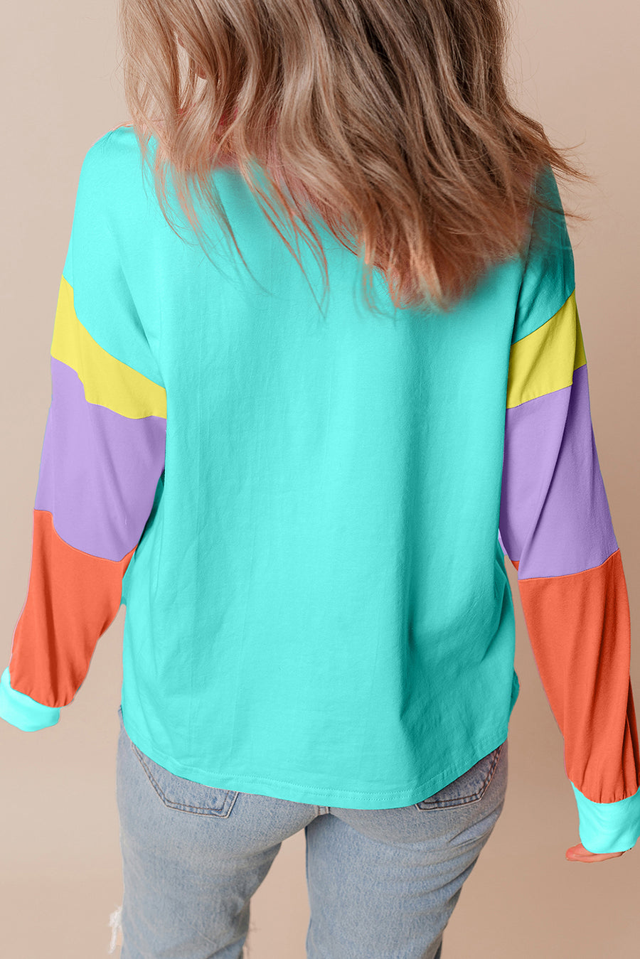 Bella Love Boutique California LLC Tops/Long Sleeve Tops Light Blue Colorblock Patchwork Long Sleeve Loose Top