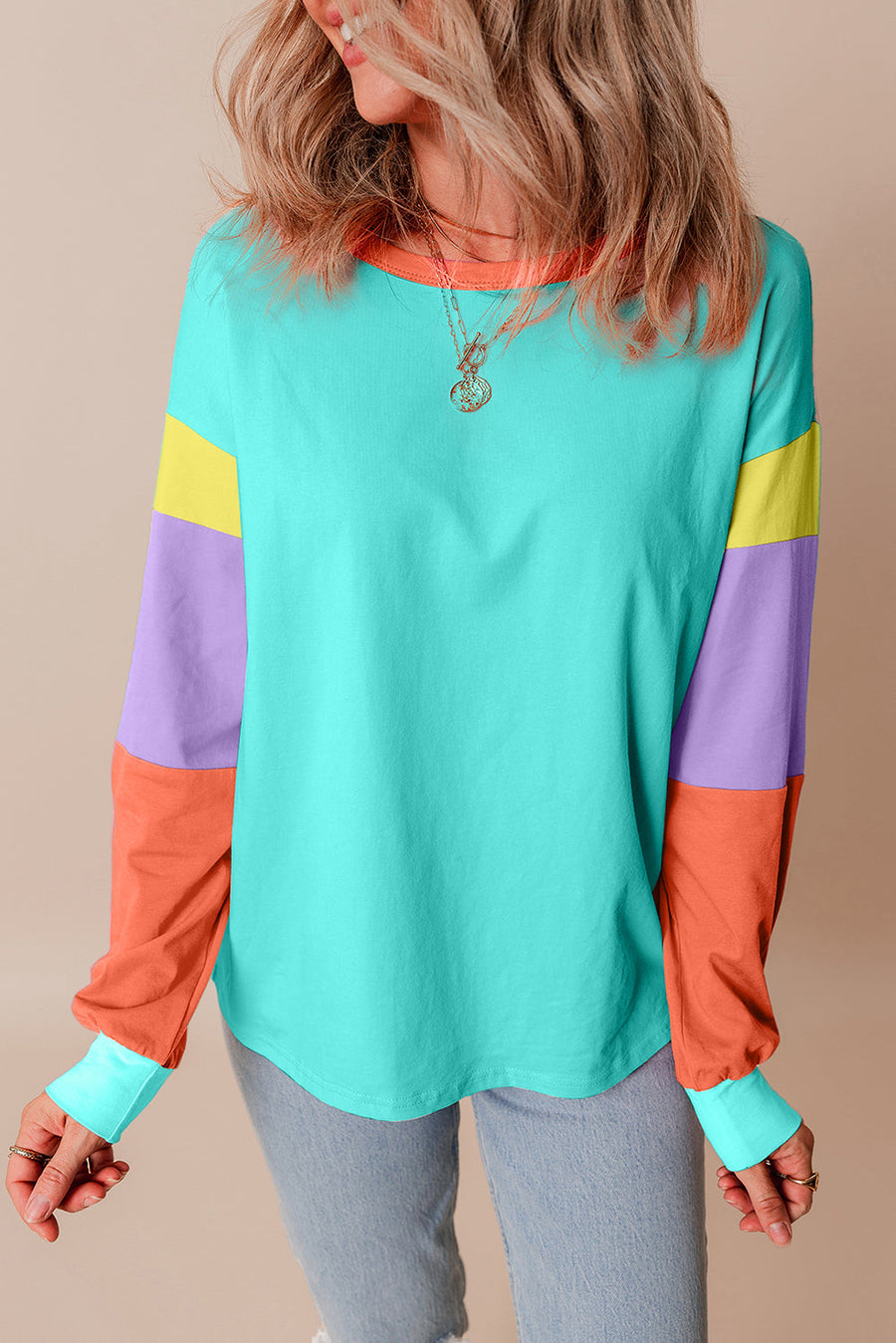 Bella Love Boutique California LLC Tops/Long Sleeve Tops Light Blue Colorblock Patchwork Long Sleeve Loose Top