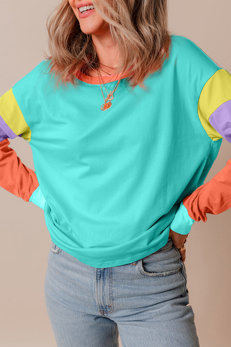 Bella Love Boutique California LLC Tops/Long Sleeve Tops Light Blue Colorblock Patchwork Long Sleeve Loose Top