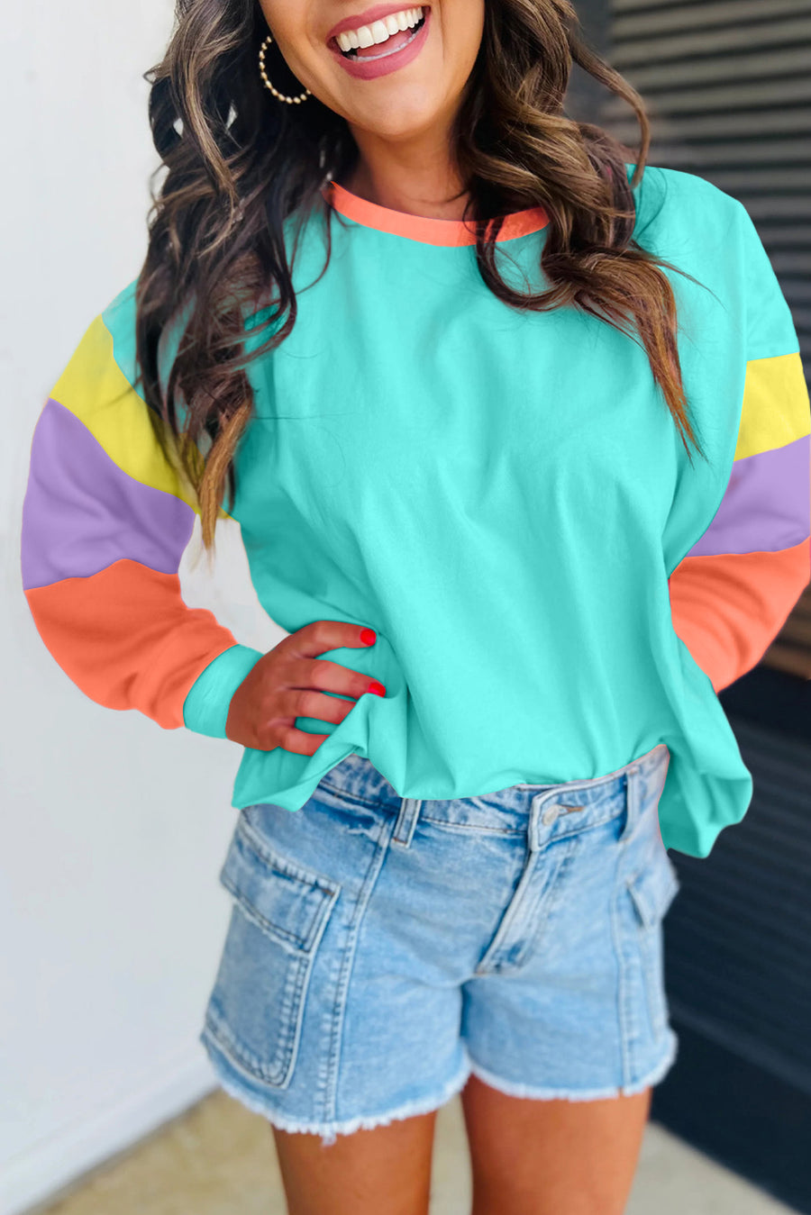 Bella Love Boutique California LLC Tops/Long Sleeve Tops Light Blue / S / 95%Cotton+5%Elastane Light Blue Colorblock Patchwork Long Sleeve Loose Top