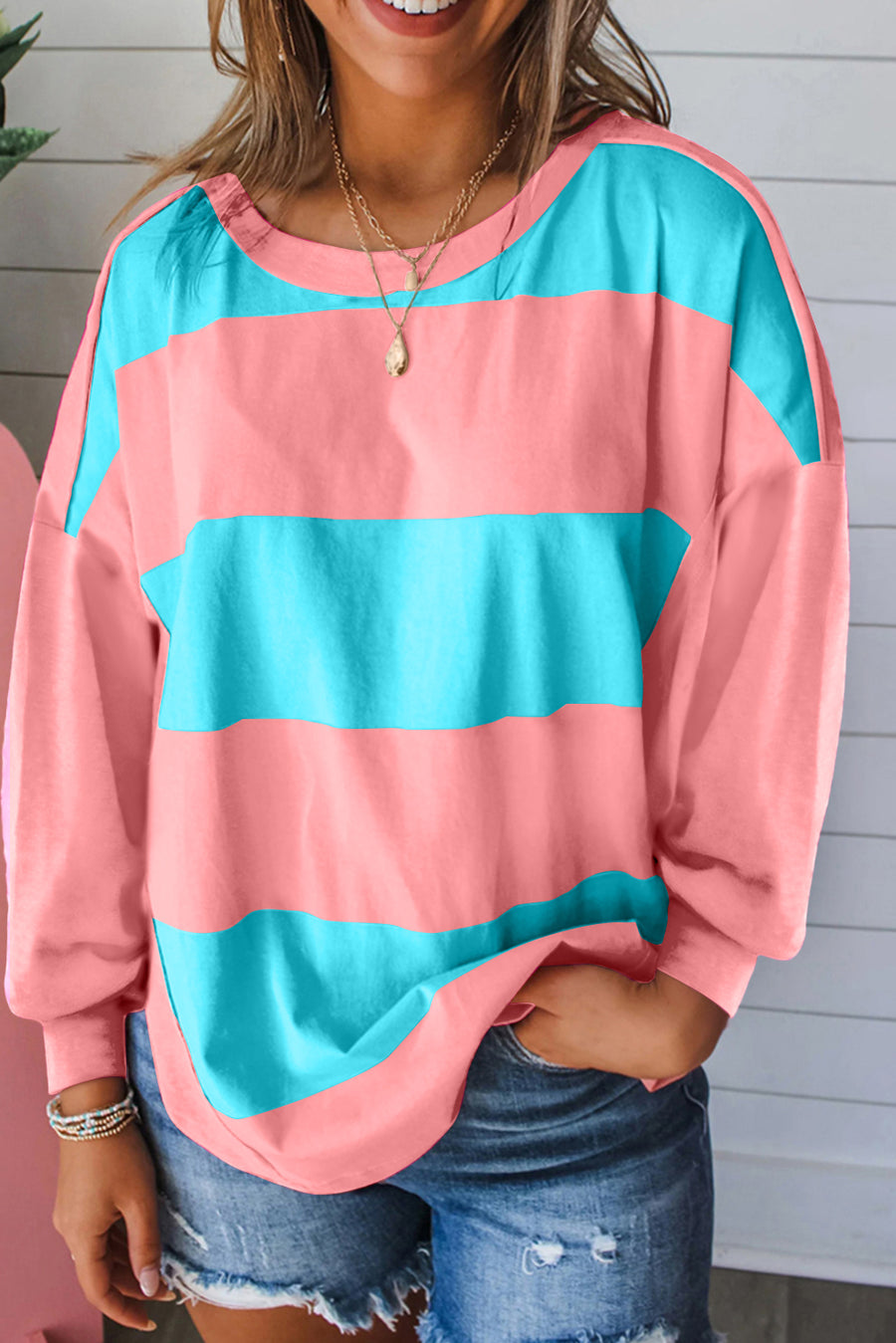 Bella Love Boutique California LLC Tops/Long Sleeve Tops Light Blue / S / 95%Polyester+5%Elastane Blue Colorblock Striped Drop Shoulder Loose Top