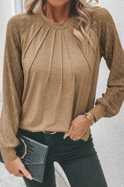 Bella Love Boutique California LLC Tops/Long Sleeve Tops Light French Beige Contrast Lace Raglan Sleeve Plicate Round Neck Top