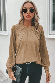 Bella Love Boutique California LLC Tops/Long Sleeve Tops Light French Beige Contrast Lace Raglan Sleeve Plicate Round Neck Top