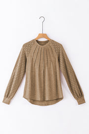 Bella Love Boutique California LLC Tops/Long Sleeve Tops Light French Beige Contrast Lace Raglan Sleeve Plicate Round Neck Top