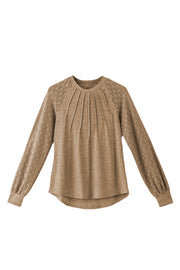 Bella Love Boutique California LLC Tops/Long Sleeve Tops Light French Beige Contrast Lace Raglan Sleeve Plicate Round Neck Top