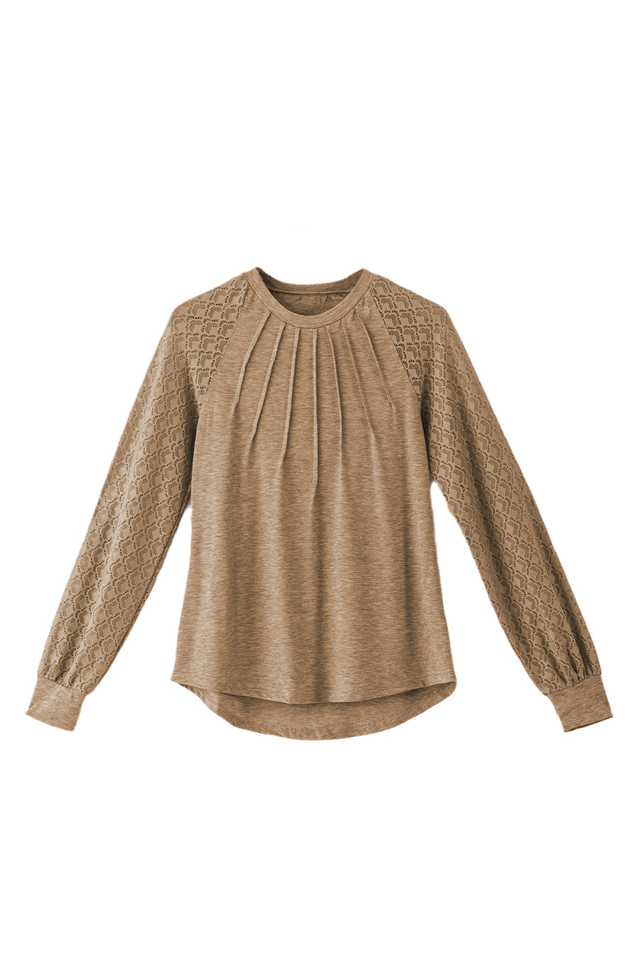 Bella Love Boutique California LLC Tops/Long Sleeve Tops Light French Beige Contrast Lace Raglan Sleeve Plicate Round Neck Top