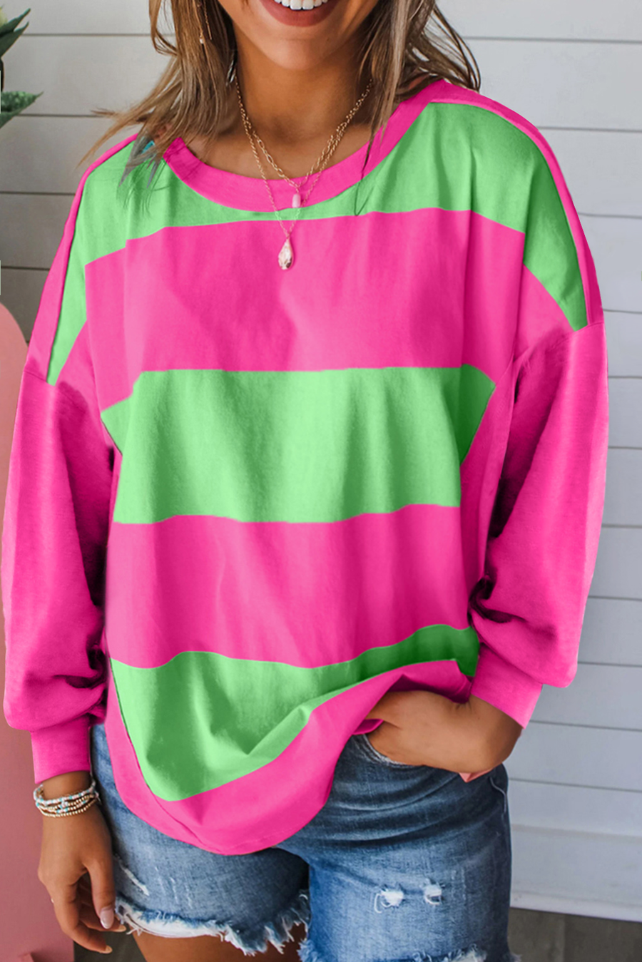 Bella Love Boutique California LLC Tops/Long Sleeve Tops Light Green / S / 95%Polyester+5%Elastane Blue Colorblock Striped Drop Shoulder Loose Top