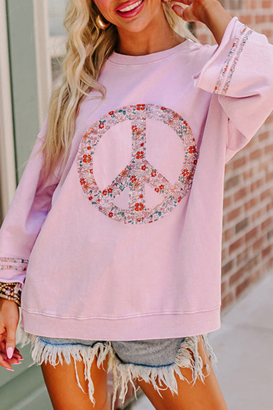 Bella Love Boutique California LLC Tops/Long Sleeve Tops Light Pink / S / 70%Polyester+30%Cotton Bella Loves Cali's Pink Floral Peace Sign Graphic Drop Shoulder Wide Sleeve Top