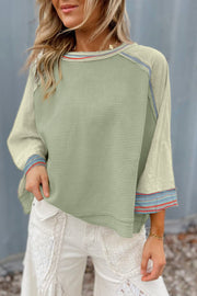 Bella Love Boutique California LLC Tops/Long Sleeve Tops Meadow Mist Green / S / 95%Polyester+5%Elastane Grapefruit Orange Waffle Knit Wide Bracelet Sleeve Patchwork Raglan Top