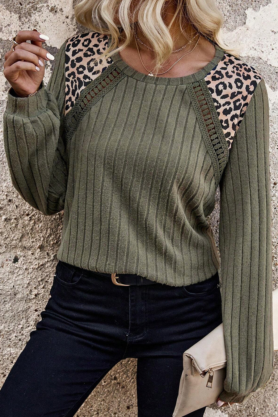 Bella Love Boutique California LLC Tops/Long Sleeve Tops Moss Green / S / 95%Polyester+5%Elastane Moss Green Leopard Print Crochet Patchwork Rib Textured Knit Top