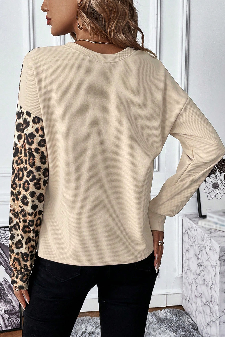 Bella Love Boutique California LLC Tops/Long Sleeve Tops Pale Khaki Leopard Colorblock Waffle Knit Top