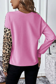 Bella Love Boutique California LLC Tops/Long Sleeve Tops Pale Khaki Leopard Colorblock Waffle Knit Top