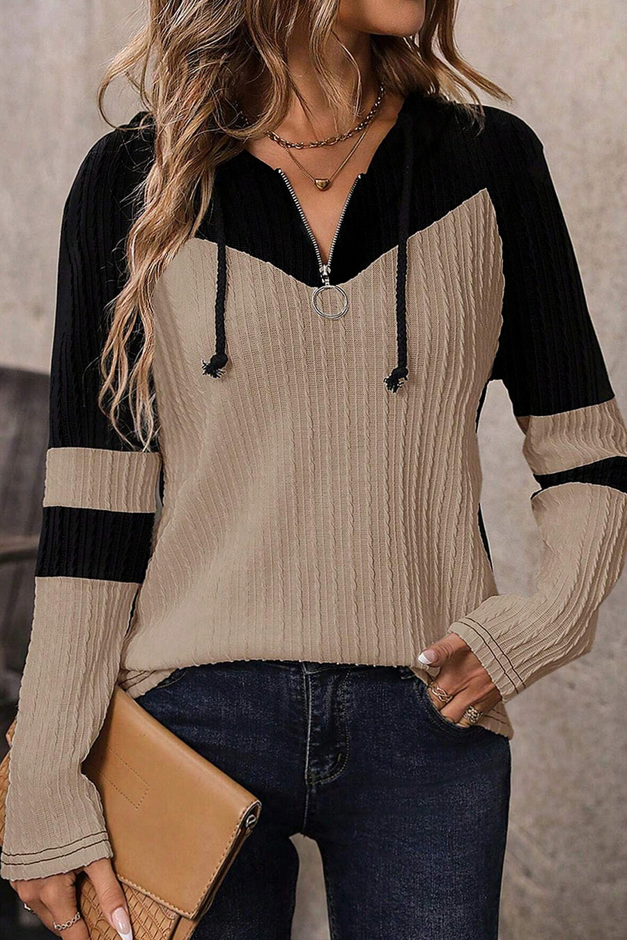Bella Love Boutique California LLC Tops/Long Sleeve Tops Parchment / S / 95%Polyester+5%Elastane Textured Colorblock Long Sleeve Quarter Zip Drawstring Hooded Top