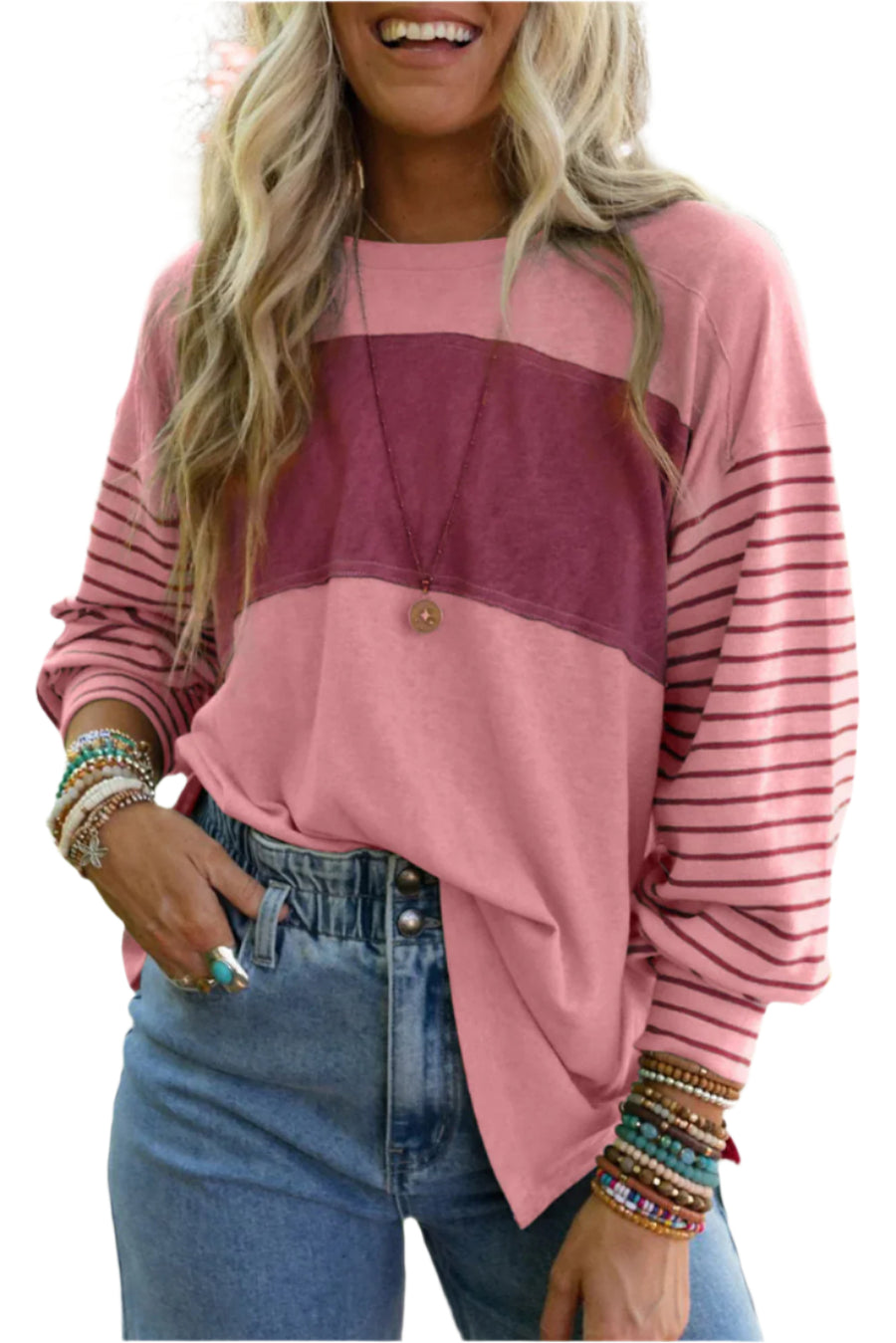 Bella Love Boutique California LLC Tops/Long Sleeve Tops Peach Blossom / S / 60%Polyester+35%Viscose+5%Elastane Gray Colorblock Striped Bishop Sleeve Top