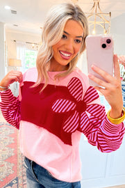 Bella Love Boutique California LLC Tops/Long Sleeve Tops Pink Floral Patch Color Block Striped Sleeve Textured Top