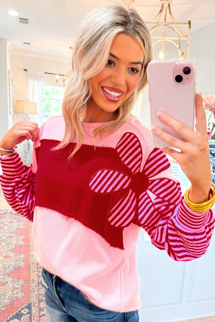 Bella Love Boutique California LLC Tops/Long Sleeve Tops Pink Floral Patch Color Block Striped Sleeve Textured Top