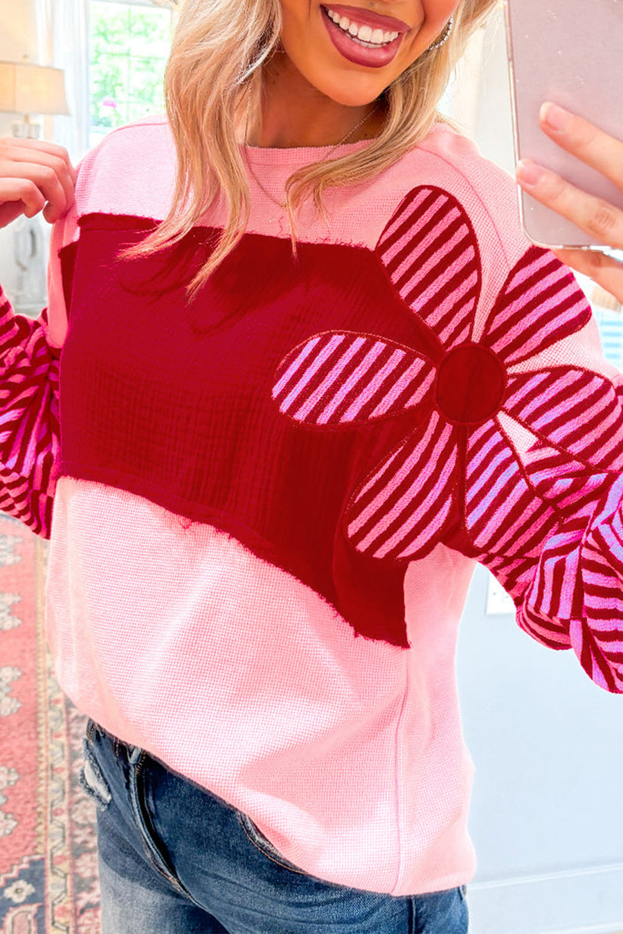 Bella Love Boutique California LLC Tops/Long Sleeve Tops Pink / S / 75%Polyester+25%Cotton Pink Floral Patch Color Block Striped Sleeve Textured Top
