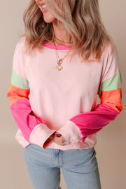 Bella Love Boutique California LLC Tops/Long Sleeve Tops Pink / S / 95%Cotton+5%Elastane Light Blue Colorblock Patchwork Long Sleeve Loose Top