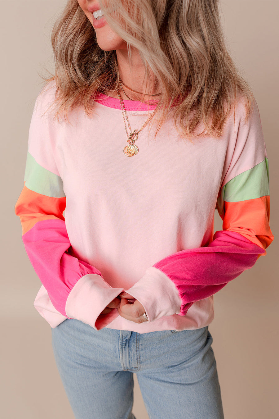 Bella Love Boutique California LLC Tops/Long Sleeve Tops Pink / S / 95%Cotton+5%Elastane Light Blue Colorblock Patchwork Long Sleeve Loose Top