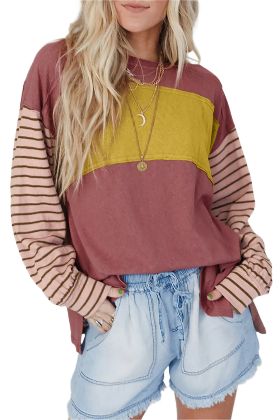 Bella Love Boutique California LLC Tops/Long Sleeve Tops Red / S / 60%Polyester+35%Viscose+5%Elastane Gray Colorblock Striped Bishop Sleeve Top