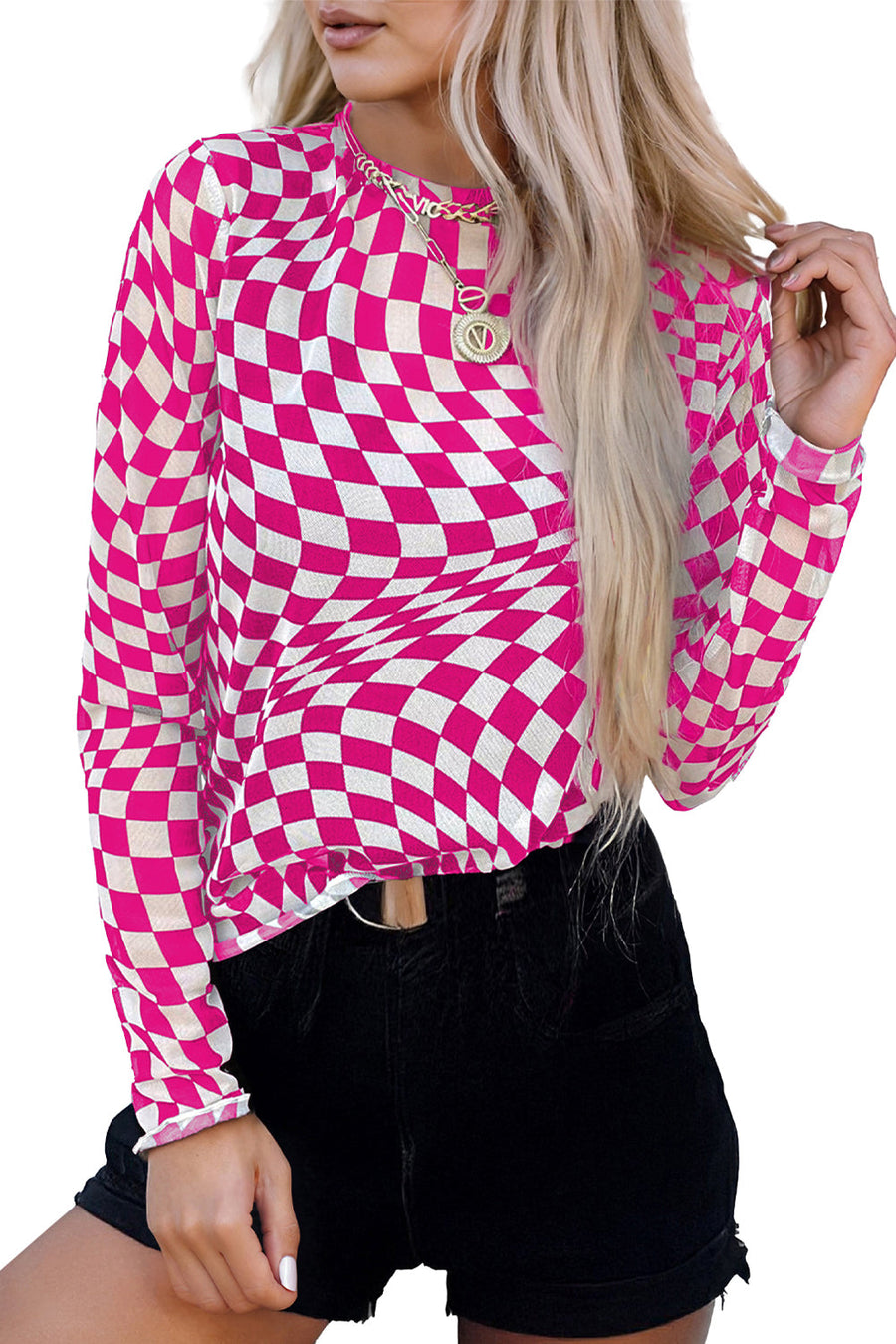 Bella Love Boutique California LLC Tops/Long Sleeve Tops Rose Checkered Pattern Mesh Mock Neck Long Sleeve Top