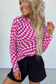 Bella Love Boutique California LLC Tops/Long Sleeve Tops Rose Checkered Pattern Mesh Mock Neck Long Sleeve Top