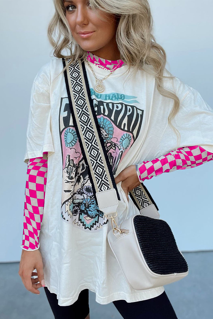 Bella Love Boutique California LLC Tops/Long Sleeve Tops Rose Checkered Pattern Mesh Mock Neck Long Sleeve Top