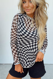 Bella Love Boutique California LLC Tops/Long Sleeve Tops Rose Checkered Pattern Mesh Mock Neck Long Sleeve Top