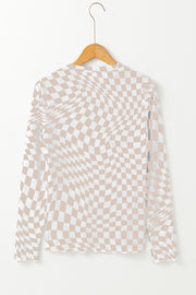 Bella Love Boutique California LLC Tops/Long Sleeve Tops Rose Checkered Pattern Mesh Mock Neck Long Sleeve Top