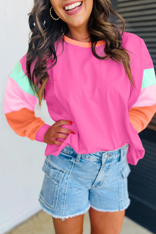 Bella Love Boutique California LLC Tops/Long Sleeve Tops Rose Red Colorblock Patchwork Long Sleeve Loose Top