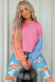 Bella Love Boutique California LLC Tops/Long Sleeve Tops Rose Red Corded Colorblock Patchwork Drop Shoulder Long Sleeve Top