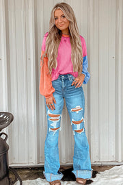 Bella Love Boutique California LLC Tops/Long Sleeve Tops Rose Red Corded Colorblock Patchwork Drop Shoulder Long Sleeve Top