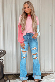 Bella Love Boutique California LLC Tops/Long Sleeve Tops Rose Red Corded Colorblock Patchwork Drop Shoulder Long Sleeve Top