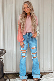 Bella Love Boutique California LLC Tops/Long Sleeve Tops Rose Red Corded Colorblock Patchwork Drop Shoulder Long Sleeve Top