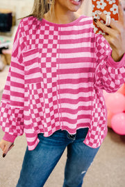 Bella Love Boutique California LLC Tops/Long Sleeve Tops Rose Red / S / 100%Polyester Khaki Checkerboard Striped Patchwork Lantern Sleeve Pocketed Blouse