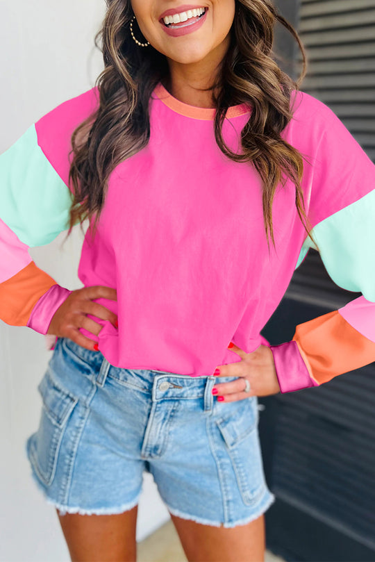 Bella Love Boutique California LLC Tops/Long Sleeve Tops Rose Red / S / 95%Cotton+5%Elastane Rose Red Colorblock Patchwork Long Sleeve Loose Top