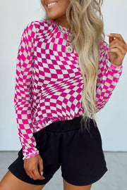 Bella Love Boutique California LLC Tops/Long Sleeve Tops Rose / S / 95%Polyester+5%Elastane Rose Checkered Pattern Mesh Mock Neck Long Sleeve Top