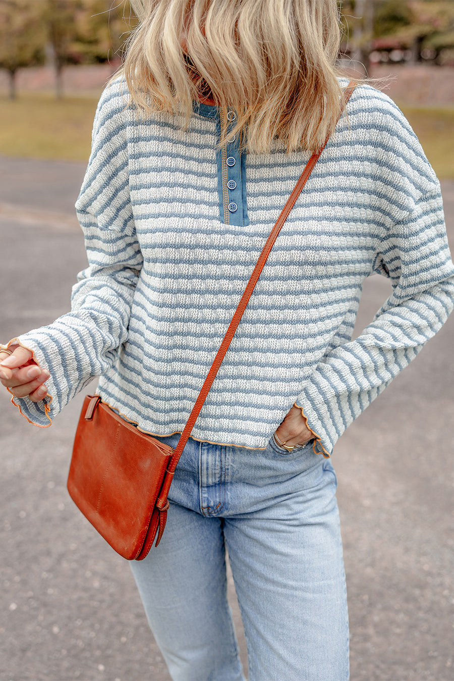 Bella Love Boutique California LLC Tops/Long Sleeve Tops Sky Blue Stripe / S / 50%Cotton+47%Polyester+3%Elastane Sky Blue Stripe Textured Frilly Trim Buttons Henley Long Sleeve Top