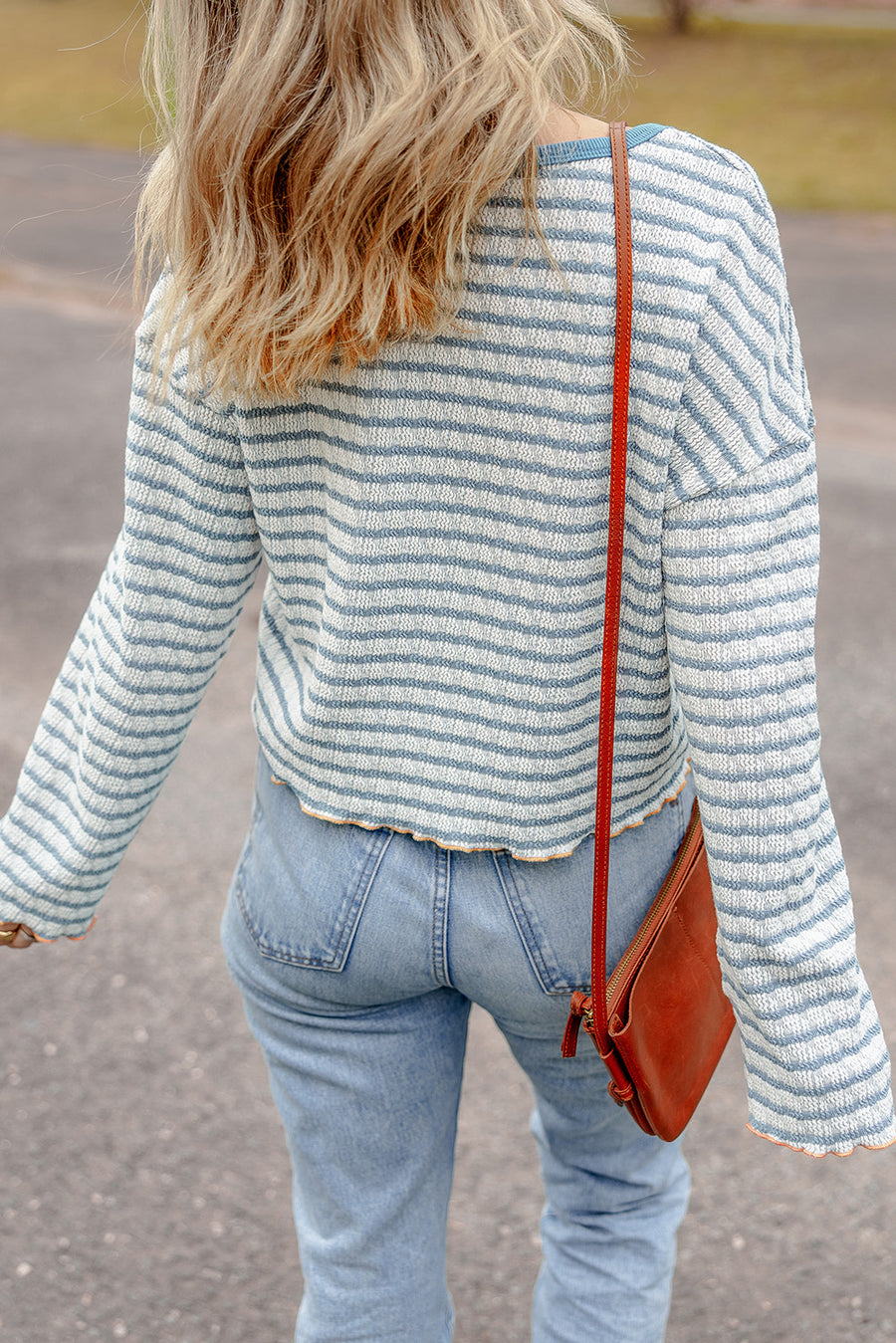 Bella Love Boutique California LLC Tops/Long Sleeve Tops Sky Blue Stripe Textured Frilly Trim Buttons Henley Long Sleeve Top