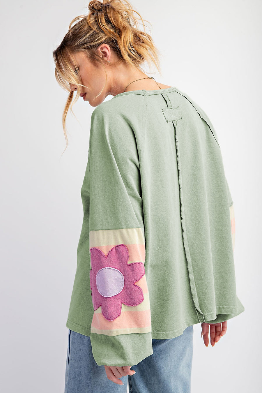 Bella Love Boutique California LLC Tops/Long Sleeve Tops Smoke Green Flower Patchwork Raglan Sleeve Exposed Seam Oversized Top