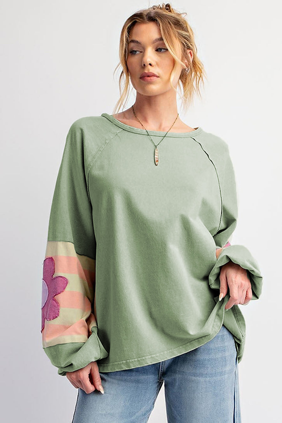 Bella Love Boutique California LLC Tops/Long Sleeve Tops Smoke Green Flower Patchwork Raglan Sleeve Exposed Seam Oversized Top