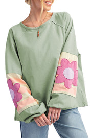 Bella Love Boutique California LLC Tops/Long Sleeve Tops Smoke Green Flower Patchwork Raglan Sleeve Exposed Seam Oversized Top