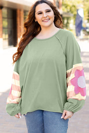 Bella Love Boutique California LLC Tops/Long Sleeve Tops Smoke Green Flower Patchwork Raglan Sleeve Exposed Seam Oversized Top